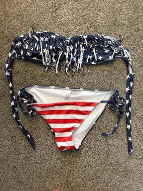 American Flag Print Fringe Bandeau Bikini Set